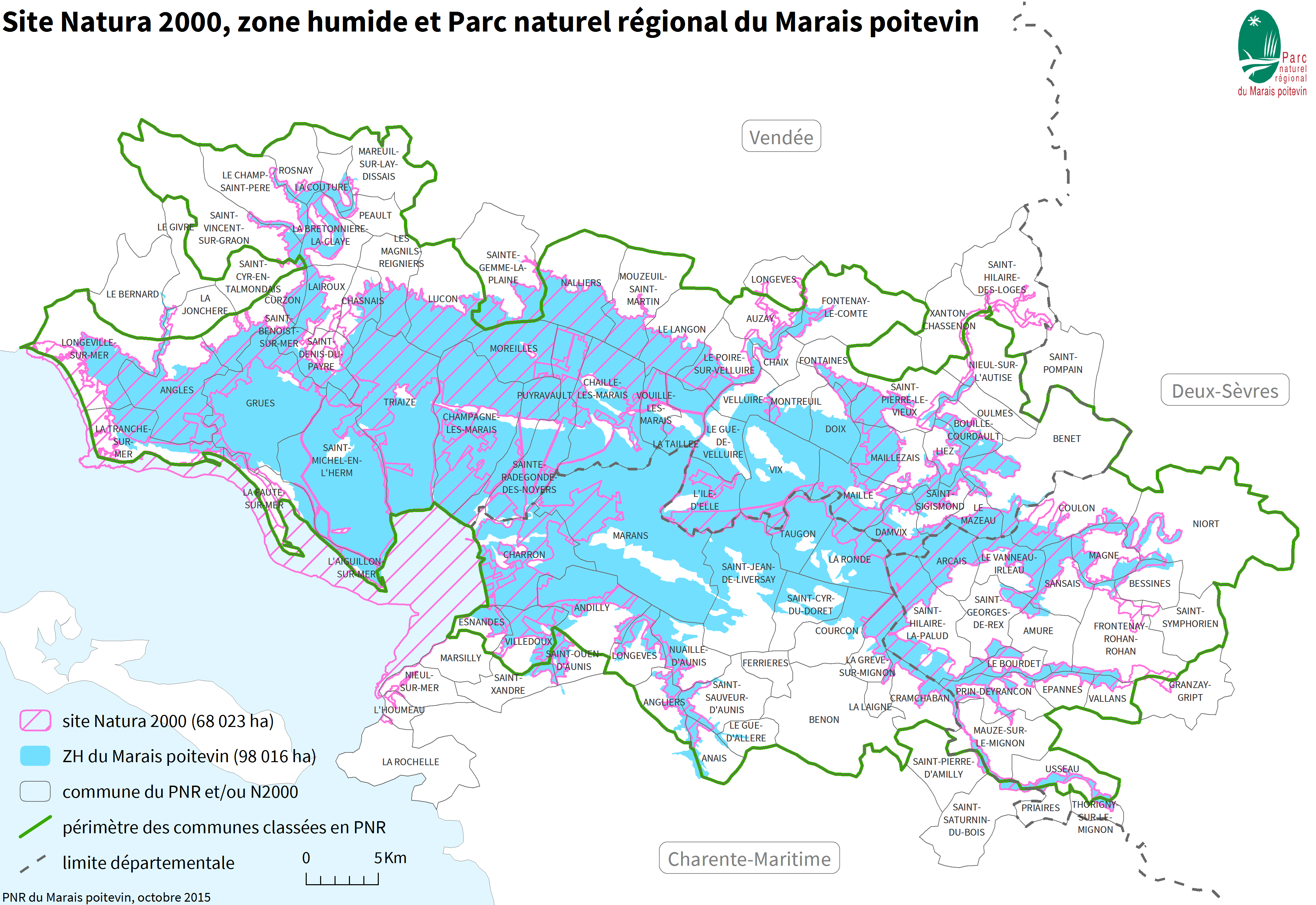 Carte du site Natura 2000, de la zone humide et du Parc naturel régional du Marais poitevin
